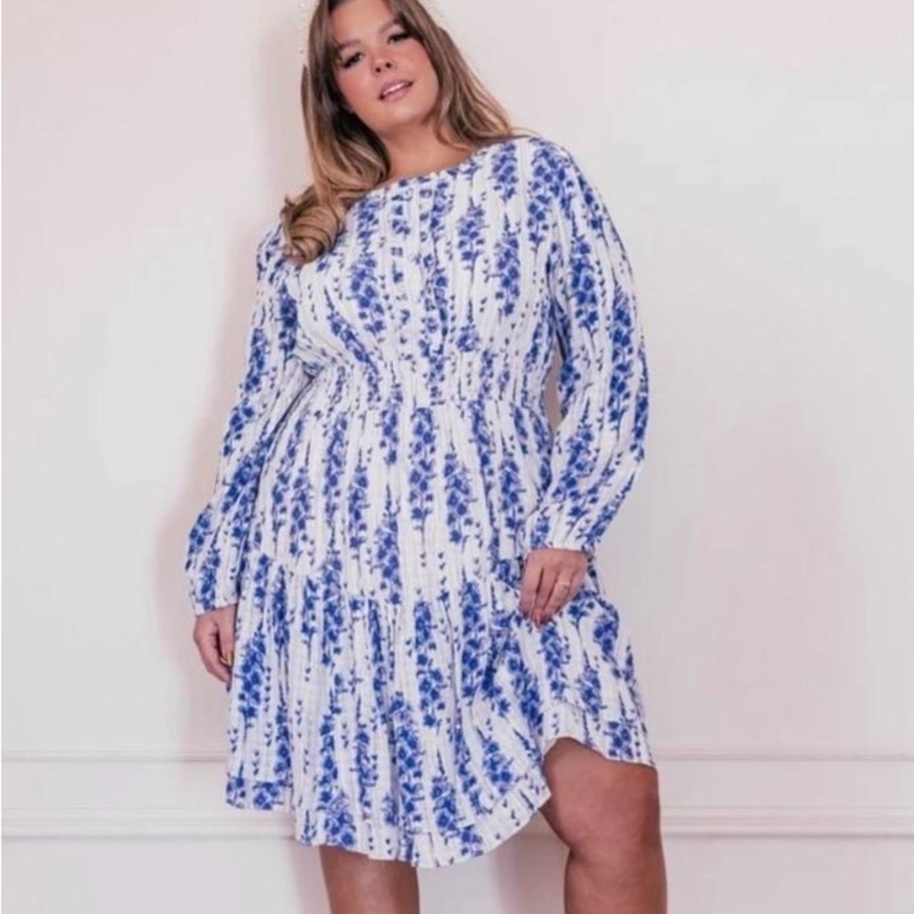 JessaKae White and Blue Patterned Midi Dress